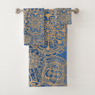 Elegant Blue and Gold Mandala Pattern Bath Towel Set