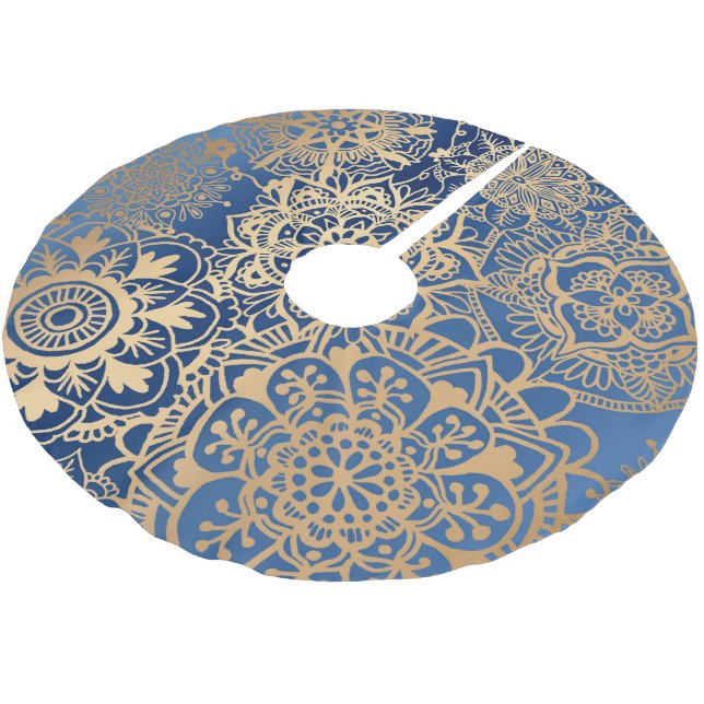 Elegant Blue and Gold Mandala Pattern Brushed Polyester Tree Skirt (Angled)