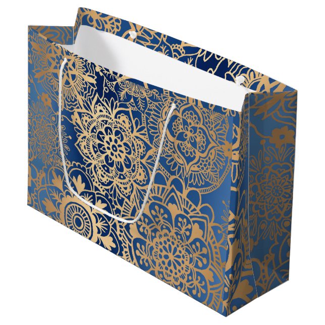Elegant Blue and Gold Mandala Pattern Large Gift Bag (Front Angled)