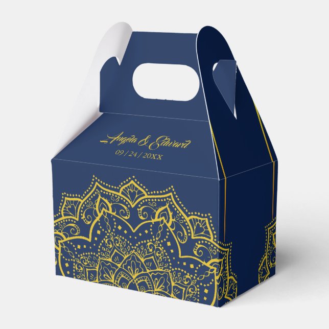 Elegant Blue And Gold Mandala Wedding Favour Box (Front Side)