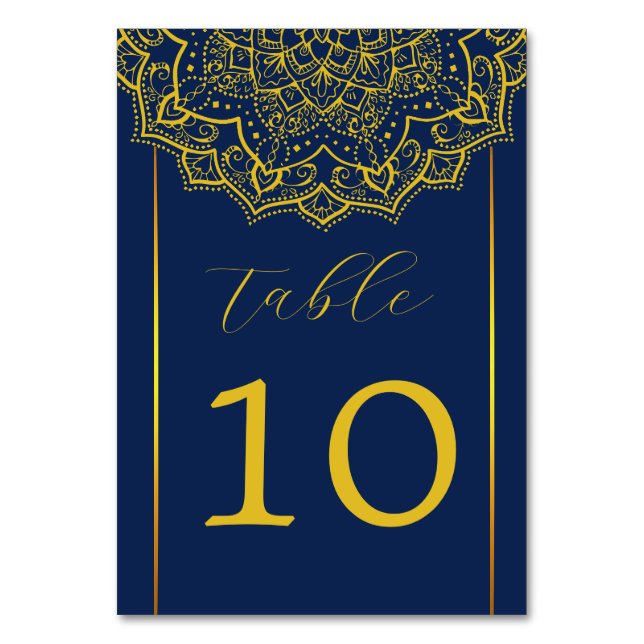 Elegant Blue And Gold Mandala Wedding Table Number (Front)