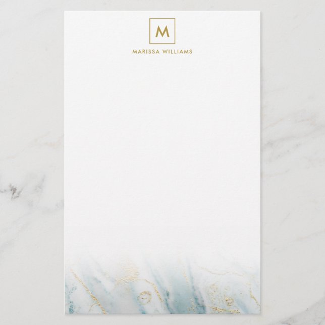 Elegant Blue and Gold Marble Texture Monogrammed Stationery (Front)