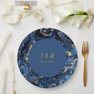 Elegant Blue And Gold Marble Wedding Paper Plate