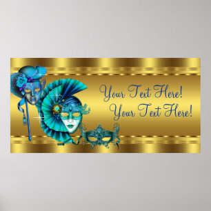 Elegant Blue and Gold Masquerade Party Banner Poster