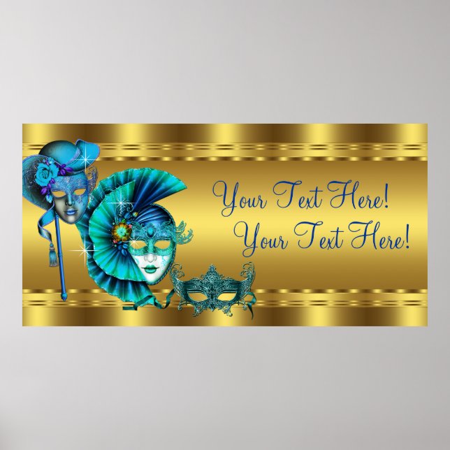 Elegant Blue and Gold Masquerade Party Banner Poster (Front)