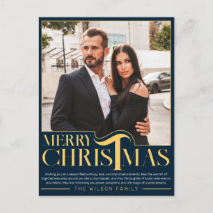 Elegant Blue and Gold Merry Christmas Family Photo Holiday Postcard