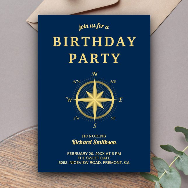 Elegant Blue and Gold Nautical Compass Birthday Invitation (Creator Uploaded)