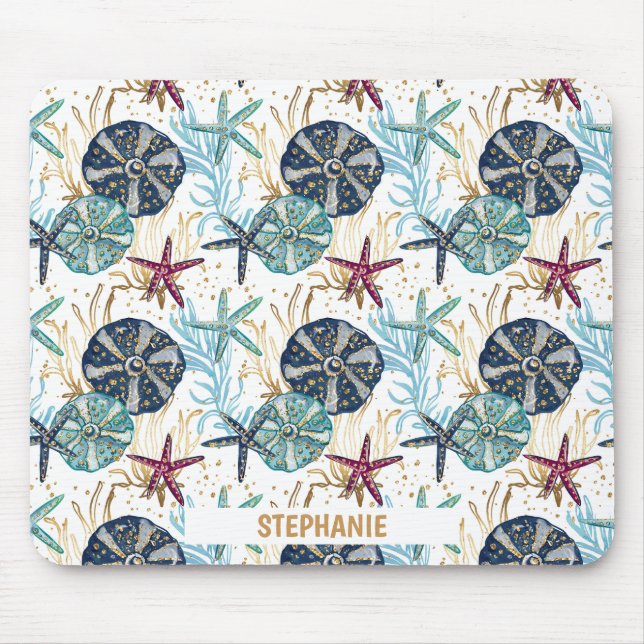 Elegant Blue and Gold Ocean Treasures Pattern Mouse Pad (Front)