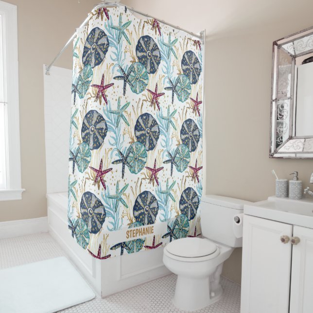 Elegant Blue and Gold Ocean Treasures Pattern Shower Curtain (In Situ)