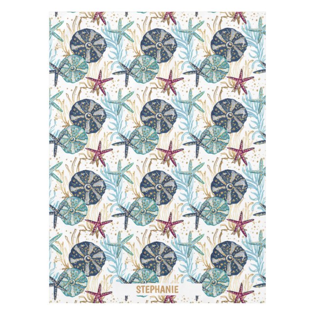 Elegant Blue and Gold Ocean Treasures Pattern Tablecloth (Front)