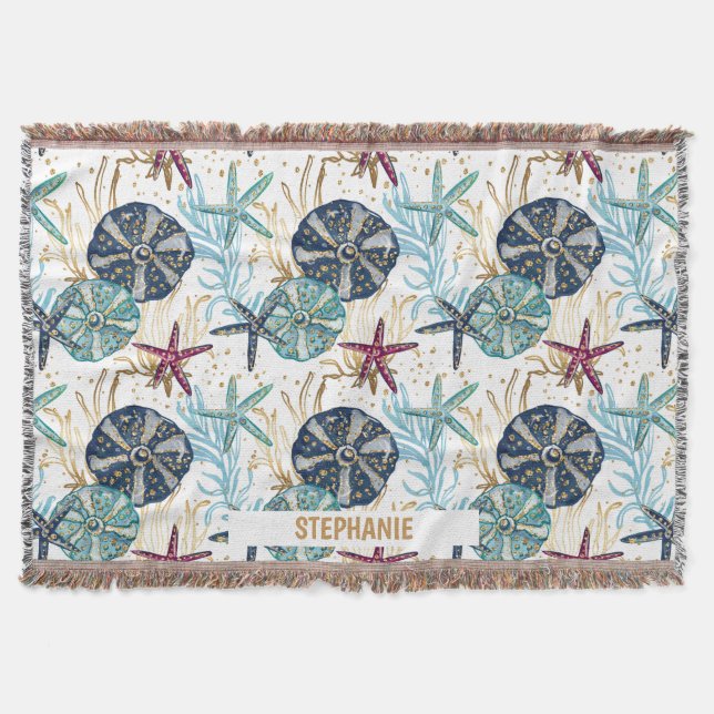 Elegant Blue and Gold Ocean Treasures Pattern Throw Blanket (Front)