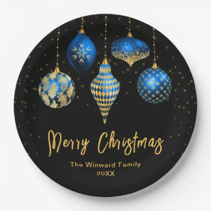 Elegant Blue and Gold Ornament Christmas Paper Plate