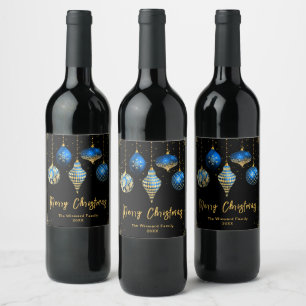 Elegant Blue and Gold Ornament Christmas Wine Label
