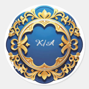 Elegant Blue and Gold Ornate Circular Frame Classic Round Sticker
