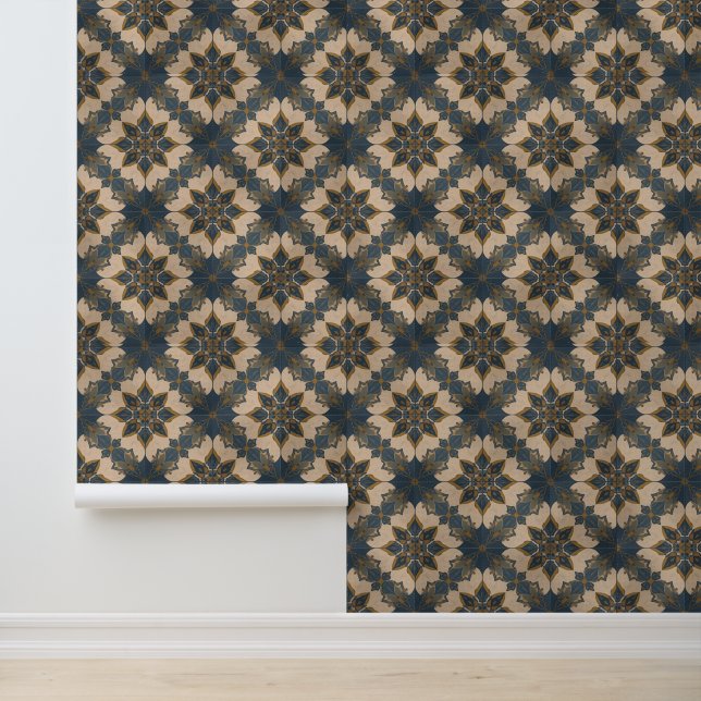 Elegant Blue and Gold Ornate Floral Pattern Wallpaper (Application)