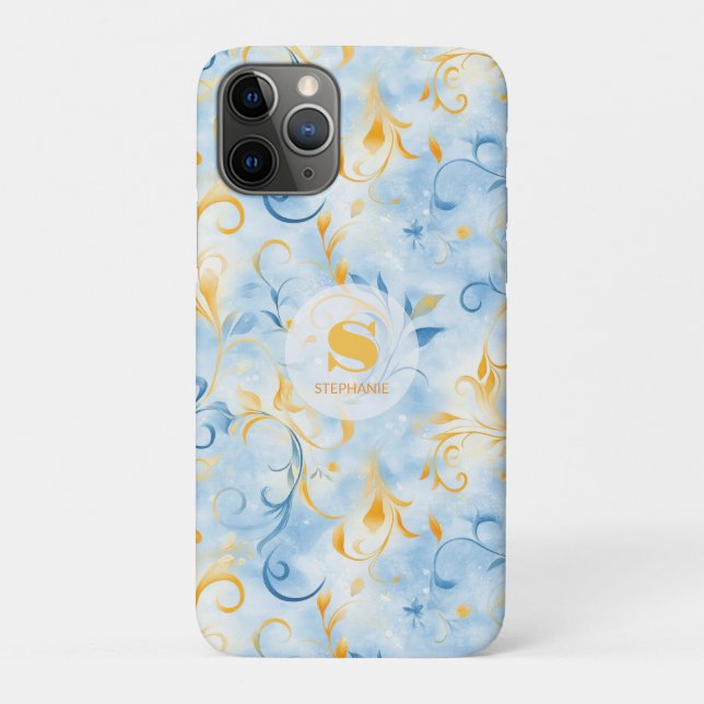 Elegant Blue and Gold Paisley-Inspired Leaf Case-Mate iPhone Case (Back)