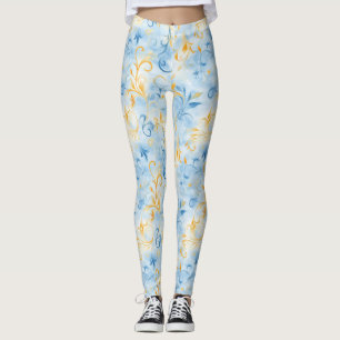 Elegant Blue and Gold Paisley-Inspired Leaf Leggings