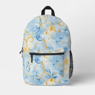 Elegant Blue and Gold Paisley-Inspired Leaf Printed Backpack