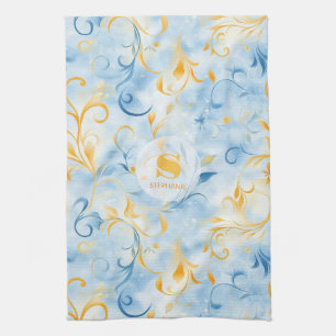 Elegant Blue and Gold Paisley-Inspired Leaf Tea Towel