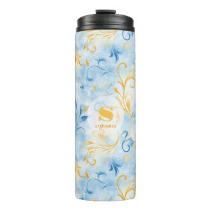 Elegant Blue and Gold Paisley-Inspired Leaf Thermal Tumbler