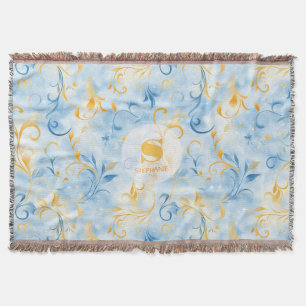 Elegant Blue and Gold Paisley-Inspired Leaf Throw Blanket