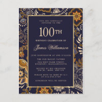 Elegant Blue and Gold Pattern 100th Birthday