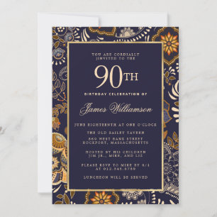 Elegant Blue and Gold Pattern 90th Birthday Invitation