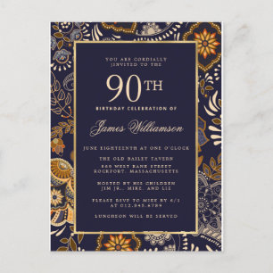 Elegant Blue and Gold Pattern 90th Birthday Invitation Postcard
