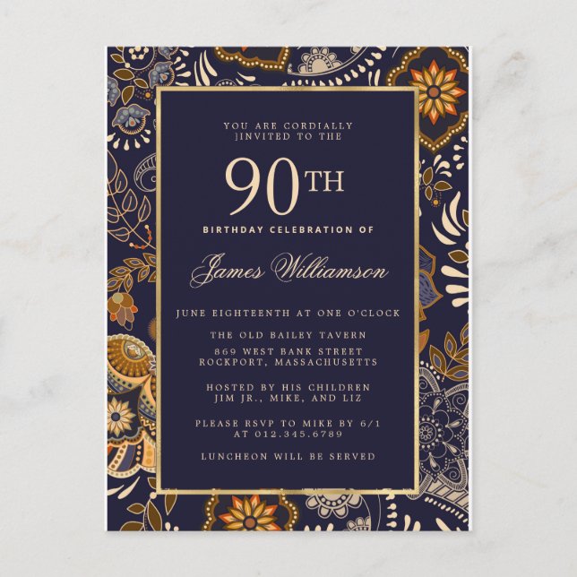 Elegant Blue and Gold Pattern 90th Birthday Invitation Postcard (Front)