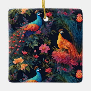 Elegant Blue and Gold Peacock in Colourful Garden Ceramic Ornament