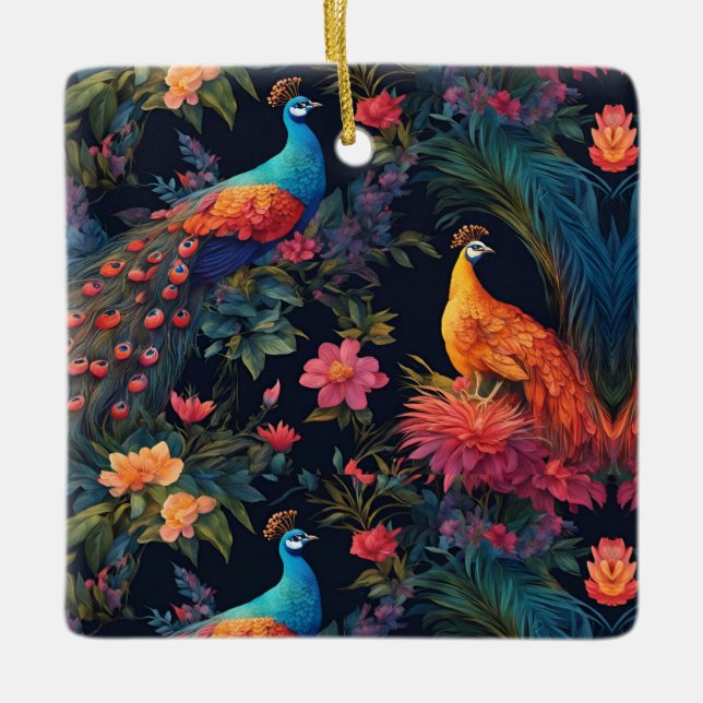 Elegant Blue and Gold Peacock in Colourful Garden Ceramic Ornament (Front)