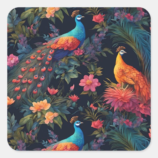Elegant Blue and Gold Peacock in Colourful Garden Square Sticker (Front)