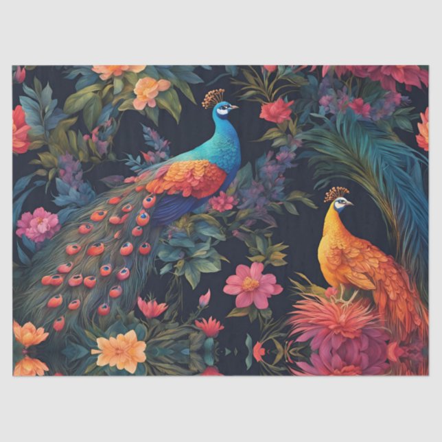 Elegant Blue and Gold Peacock in Colourful Garden Tissue Paper (Front)