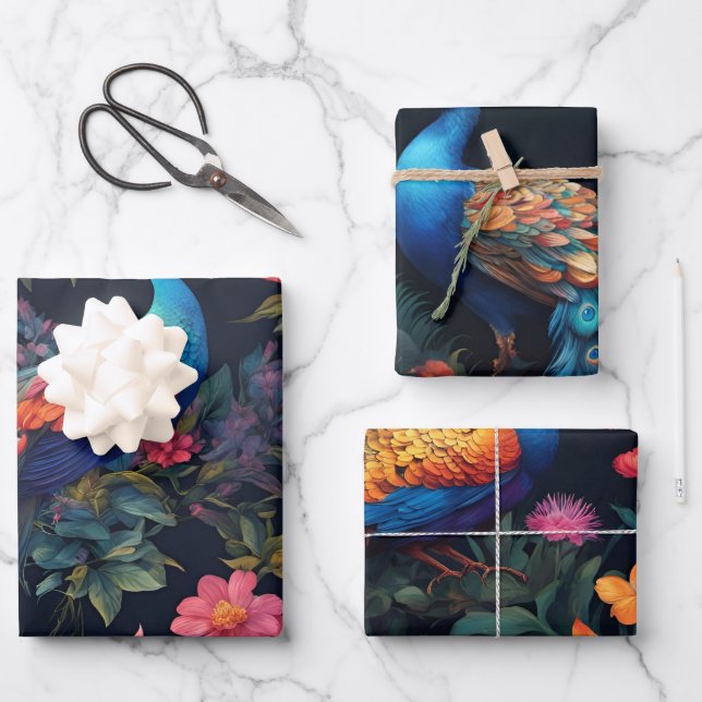 Elegant Blue and Gold Peacock in Colourful Garden Wrapping Paper Sheet (Front)