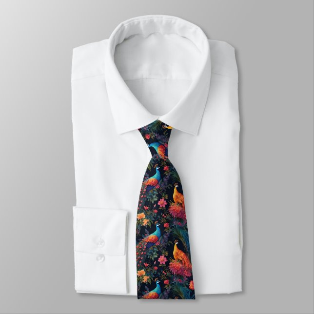Elegant Blue and Gold Peacocks in Colourful Garden Tie (Tied)
