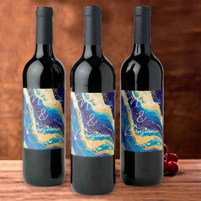 Elegant Blue and Gold Personalised Wedding Wine Label (Creator Uploaded)