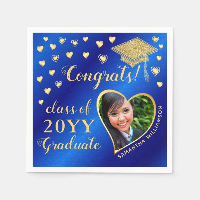 Elegant Blue and Gold Photo Class 2025 Graduation Napkin (Front)