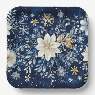 Elegant Blue and Gold Poinsettia Christmas  Paper Plate