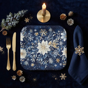Elegant Blue and Gold Poinsettia Christmas Paper Plate