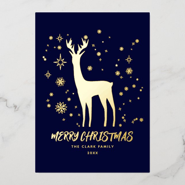 Elegant Blue and Gold Reindeer Merry Christmas (Front)