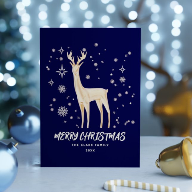 Elegant Blue and Gold Reindeer Merry Christmas Holiday Card (Elegant Blue and Gold Reindeer Merry Christmas Holiday Card)