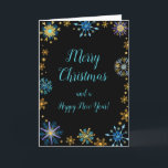 Elegant Blue and Gold Snowflakes Merry Christmas Holiday Card<br><div class="desc">A beautiful Christmas card design featuring elegant turquoise blue and gold snowflakes on a black background. Inside there is a space for a message. A perfect way to greet your friends and relatives in this festive season. The background colour and text can be changed to suit your own requirements. Graphics...</div>