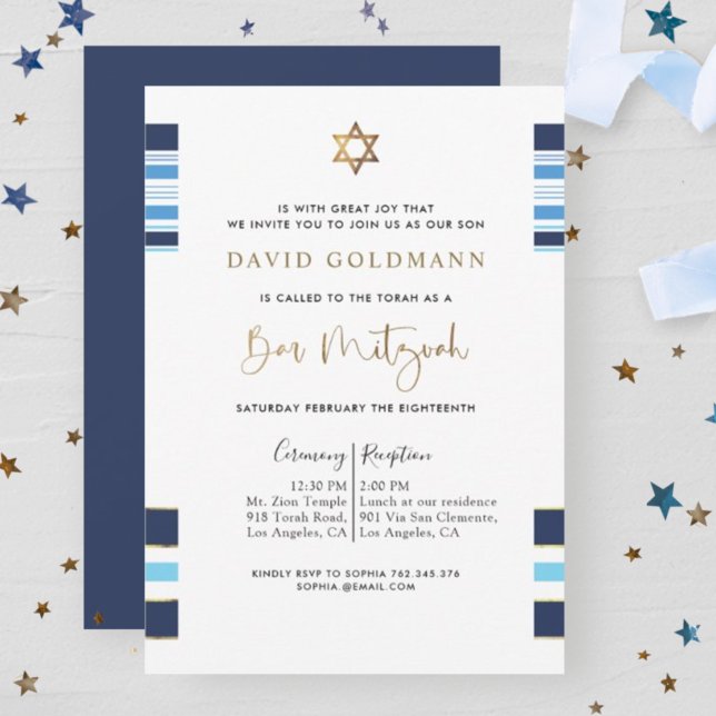 Elegant Blue and Gold Striped Tallit Bar Mitzvah Invitation (Creator Uploaded)