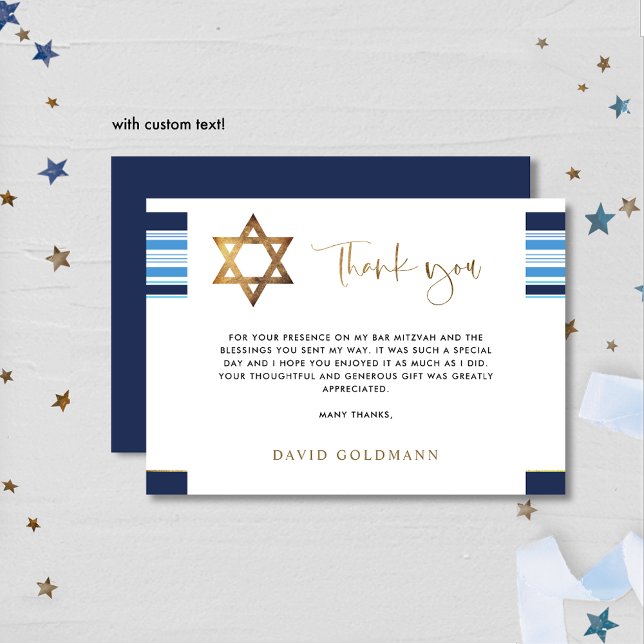 Elegant Blue and Gold Tallit Bar Mitzvah Thank You Card (Creator Uploaded)