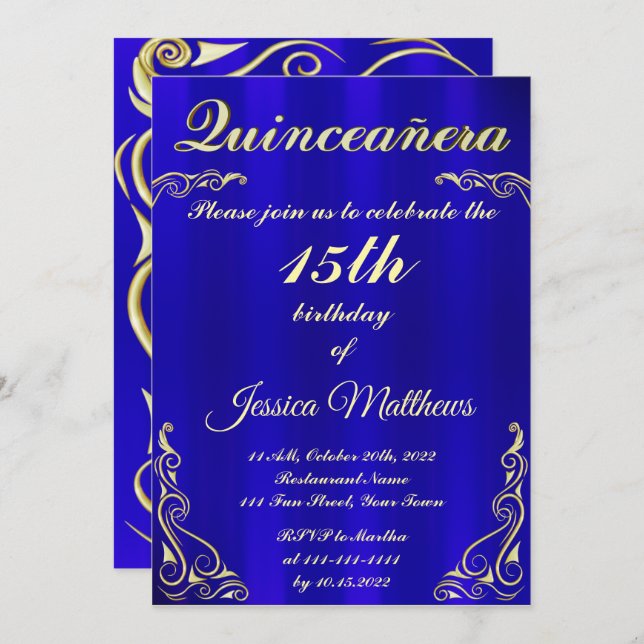 Elegant Blue and Gold Typography Quinceañera Invitation (Front/Back)