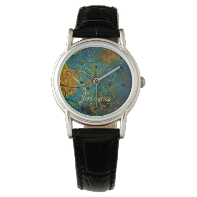 Elegant Blue and Gold Vine Abstract Personalised Watch (Front)