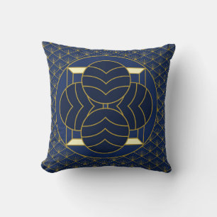 Elegant Blue and Gold vintage Deco Geometric Art  Cushion