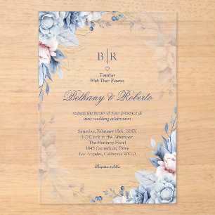 Elegant Blue and Gold Watercolor Floral Wedding Acrylic Invitations