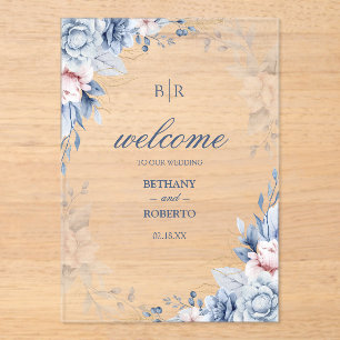 Elegant Blue and Gold Watercolor Floral Wedding Acrylic Invitations