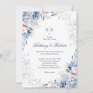 Elegant Blue and Gold Watercolor Floral Wedding Invitation
